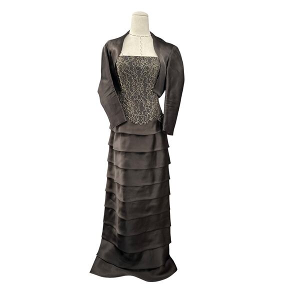 Rickie Freeman Teri Jon Grey Strapless Lace Bodice Tiered Evening Gown Size 4‎ - Picture 1 of 10